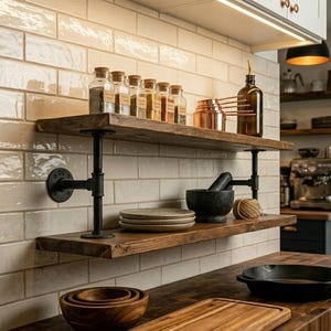 Pode incluir: Duas prateleiras de madeira escura montadas com suportes de tubo industrial preto contra uma parede de azulejos tipo metrô na cor creme. As prateleiras contêm potes de especiarias de vidro, um copo medidor de cobre, uma garrafa de vidro escuro e pratos.