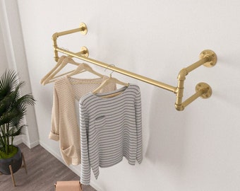 Golden Wall Mounted Industrial Pipes Clothes Hanging Pole Garment Storage Display Rail Rail for Store Wardrobe