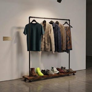 May include: A black metal clothing rack with a wooden base displaying a teal t-shirt, a beige cable-knit cardigan, a blue denim jacket, a plaid blazer, and a patterned scarf, with various shoes including boots and trainers on the bottom shelf.
