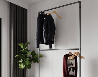 Free-Standing Industrial Pipe Double Clothes Rack - Versatile Garment Storage, Stylish Clothing Rack for Home or Shop Display