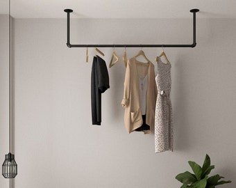 Industrial Clothes rack hanging industrial vintage pipe  hanging wardrobe ceiling steampunk rustic style cloth storage