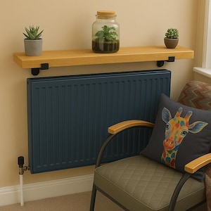 Solid wood radiator shelf with brackets, rustic narrow hallway wall shelf,15 cm deep, slim wooden shelving for hallway storage,display