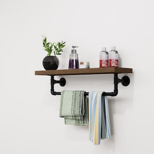 Wooden shelf with towel Rail | Industrial Towel Holder With Shelf Shelf Bathroom shelf Wooden towel rack rail