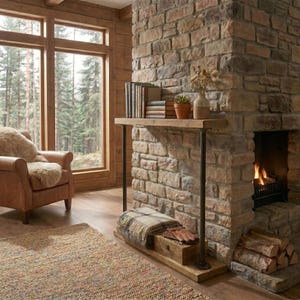 Könnte beinhalten: Gemütliches Wohnzimmer mit einem Steinkamin, einem Holzregal mit Büchern und Pflanzen und einem kleinen Holztisch. Ein Ledersessel mit einem Schaffell liegt in der Nähe eines großen Fensters mit Blick auf einen Wald. Ein Teppich und eine Holzkiste mit einer Decke und Handschuhen vervollständigen die Szene.
