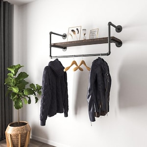 Barra de ropa de pared con estante, Estantería industrial, Perchero de tubo hecho a mano en el Reino Unido imagen 1