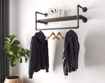 Wall mounted clothes rail with shelf, Industrial Shelving, Pipe rack  handmade UK