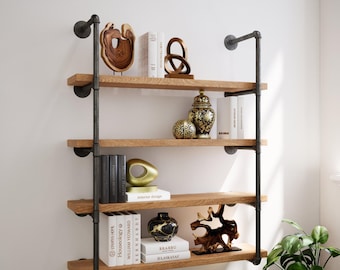 Industrial Floating Long Wood Shelves,Rustic Farmhouse Pipe Wall Unit, Floating Open Kitchen Shelves, Farmhouse Pipe Shelves, Bookcase