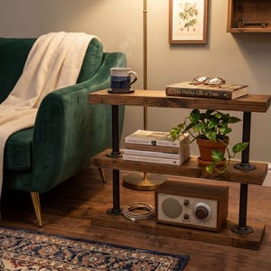 Industrial Pipe & Wood Side Table | Rustic Sofa End Table | Reclaimed Style 3 Tier Shelf | Handmade Living Room Storage | Solid Wood image 2