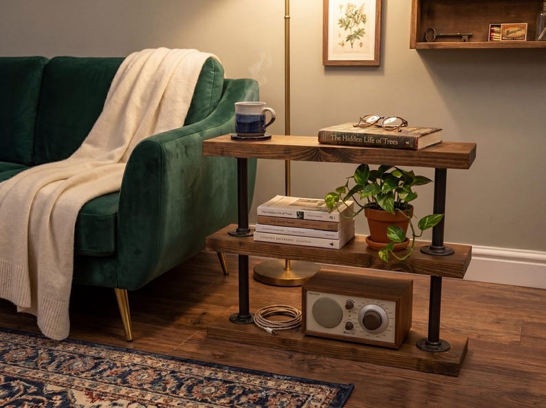 Industrial Pipe & Wood Side Table | Rustic Sofa End Table | Reclaimed Style 3 Tier Shelf | Handmade Living Room Storage | Solid Wood image 2