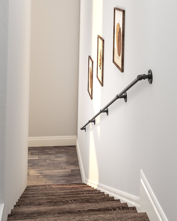 Pasamanos, escalera de madera montada en la pared, barra de mano de madera  maciza industrial con soporte para escaleras de hierro forjado, barra de