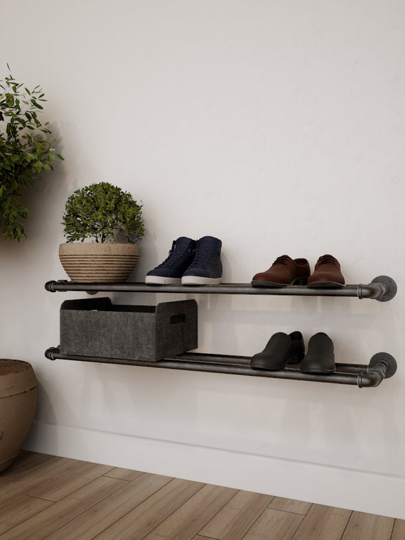Wall mounted Solid Wood and Pipe shoe rack – Crafted of Light and