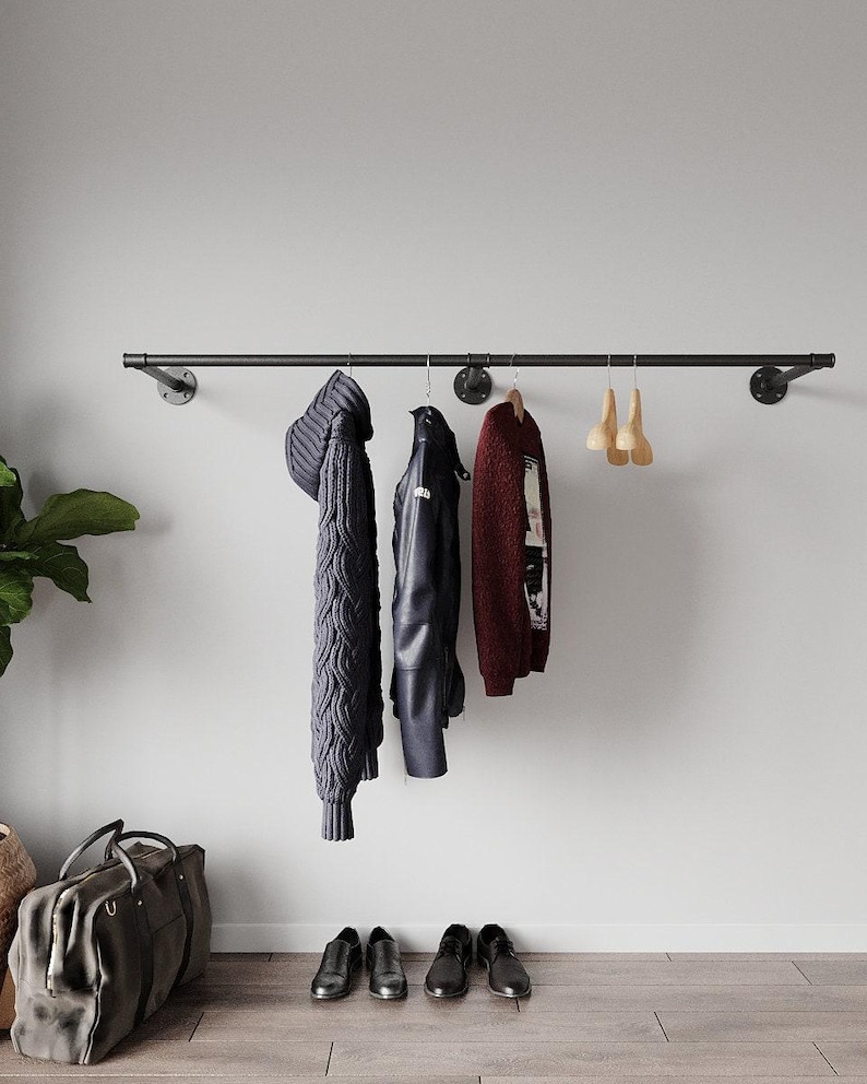 Clothes Rack Garment Storage Display Rail Towel Bar Rail for Store Wardrobe Wall Mounted Industrial Pipes Clothes Hanging Pole Rustic Iron image 1