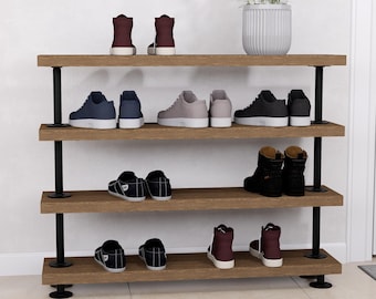 Rustic Tiered Shoe Rack: Wooden Shelves, Industrial Farmhouse Entryway Organizer