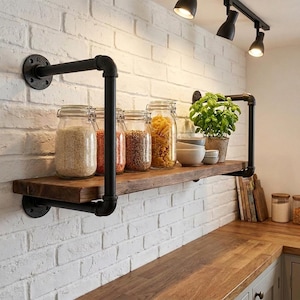 Puede incluir: Un estante de pared con una tabla de madera marrón oscuro sostenida por tuberías de metal industrial negras. El estante sostiene cuatro frascos de vidrio transparente llenos de granos, lentejas y pasta, junto a una pequeña planta de albahaca.