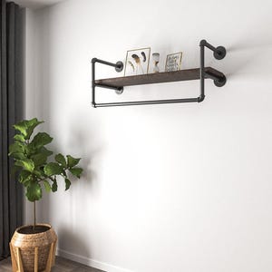 Barra de ropa de pared con estante, Estantería industrial, Perchero de tubo hecho a mano en el Reino Unido imagen 3