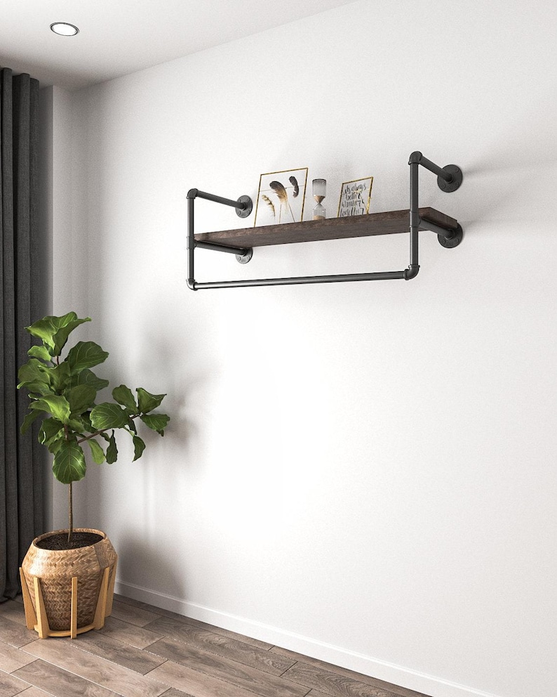 Barra de ropa de pared con estante, Estantería industrial, Perchero de tubo hecho a mano en el Reino Unido imagen 3