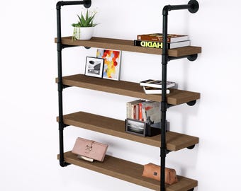 Industrial Floating Wood Shelves Rustic Farmhouse Pipe Wall Unit Open Kitchen Shelves Black Pipe Bookcase