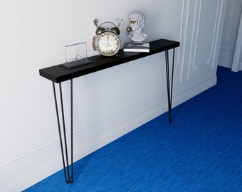 Table console moderne noire avec pieds en épingle à cheveux élégants, 14 cm de profondeur x 4,4 cm (hauteur du bois) hauteur : 90 cm