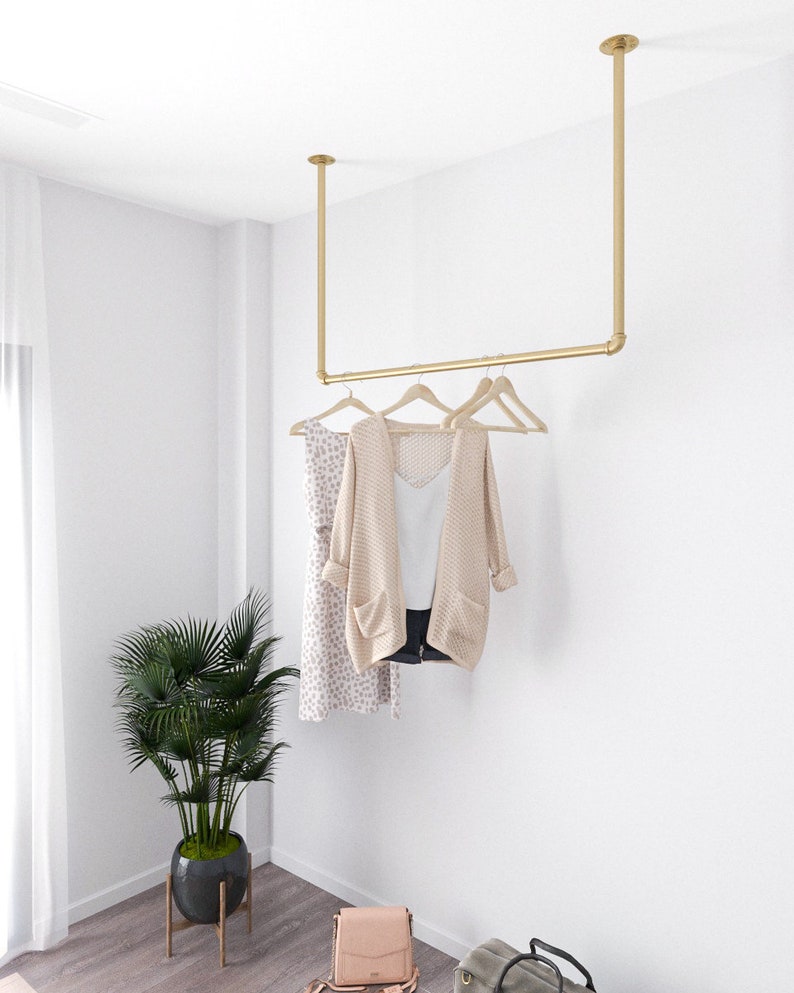 Portant minimaliste doré Tringle à vêtements en métal fixée au plafond Porte-vêtements de plafond image 2