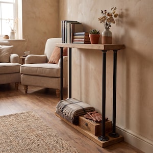 Narrow Console Table, Rustic Industrial Hallway Table, Reclaimed Wood & Black Steel Pipe, Slim Entryway Table, Handmade Sofa Table UK