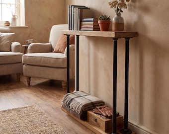 Mesa consola estrecha, mesa de recibidor rústica industrial, madera reciclada y tubería de acero negro, mesa de entrada delgada, mesa auxiliar para sofá hecha a mano en el Reino Unido.