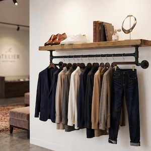 Industrial Pipe Clothing Rack with Wooden Shelf - Wall Mounted Garment Rail & Display Shelf - Rustic Storage for Entryway, Bedroom, Boutique