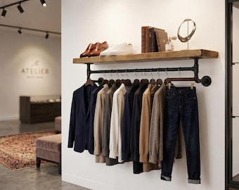 Perchero de Pared Industrial con Estante de Madera y Diseño de Tubería – Solución de Almacenamiento con Estilo para Recibidor o Dormitorio