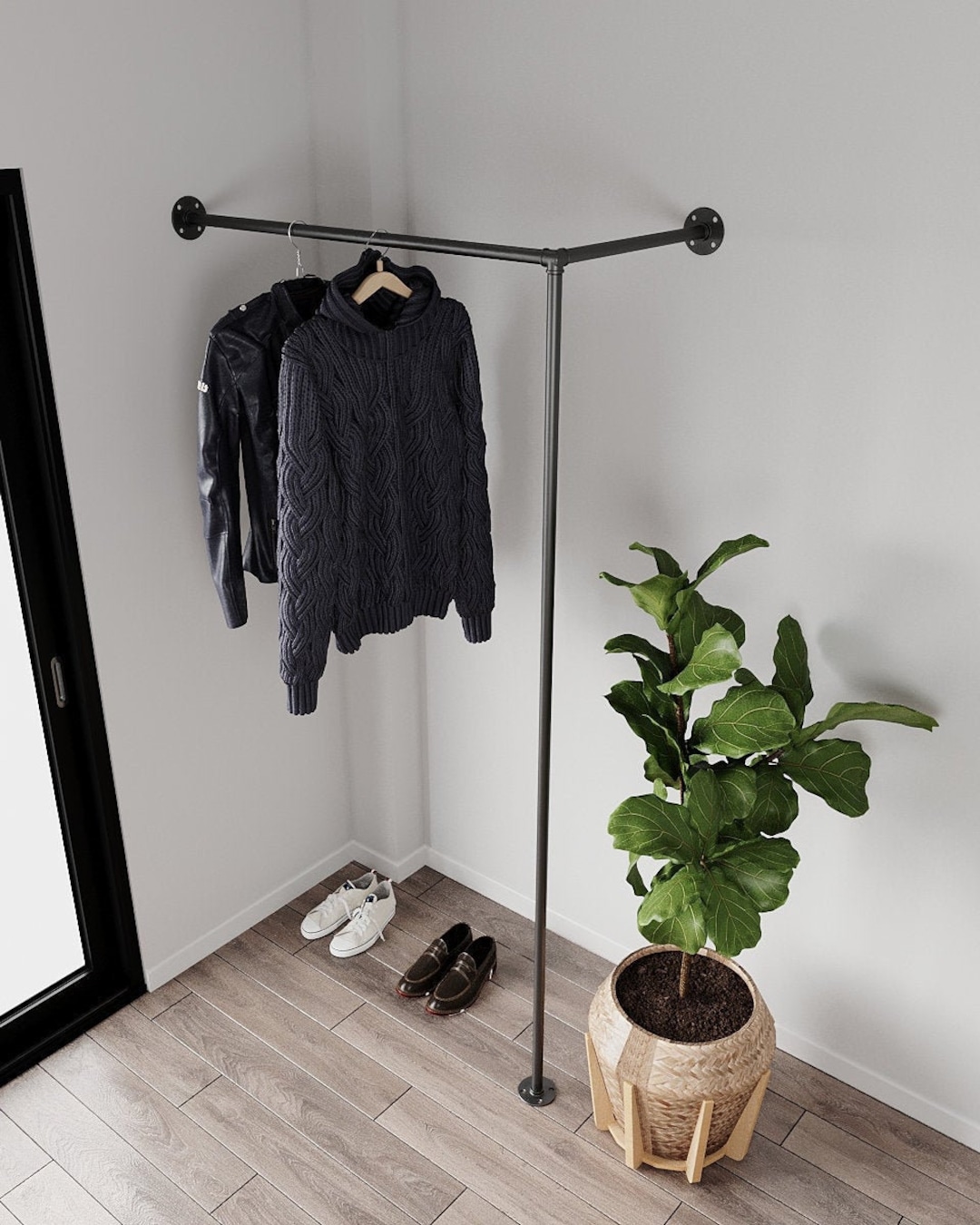 Corner Clothes Rack Industrial Minimal Pipe Clothing Rail / Garment