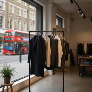 Pode incluir: Interior de uma loja de roupas com um cabideiro de metal preto exibindo várias peças de vestuário. Um casaco longo azul marinho escuro está pendurado ao lado de suéteres e camisas. Um ônibus de dois andares vermelho é visível através da janela.