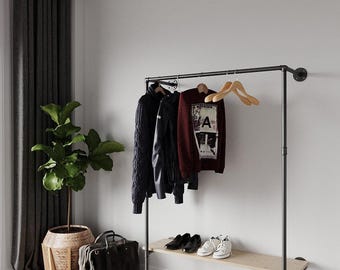 Clothes storage system Made to order Durable and stylish Industrial pipe clothing rack Scaffold boards not included