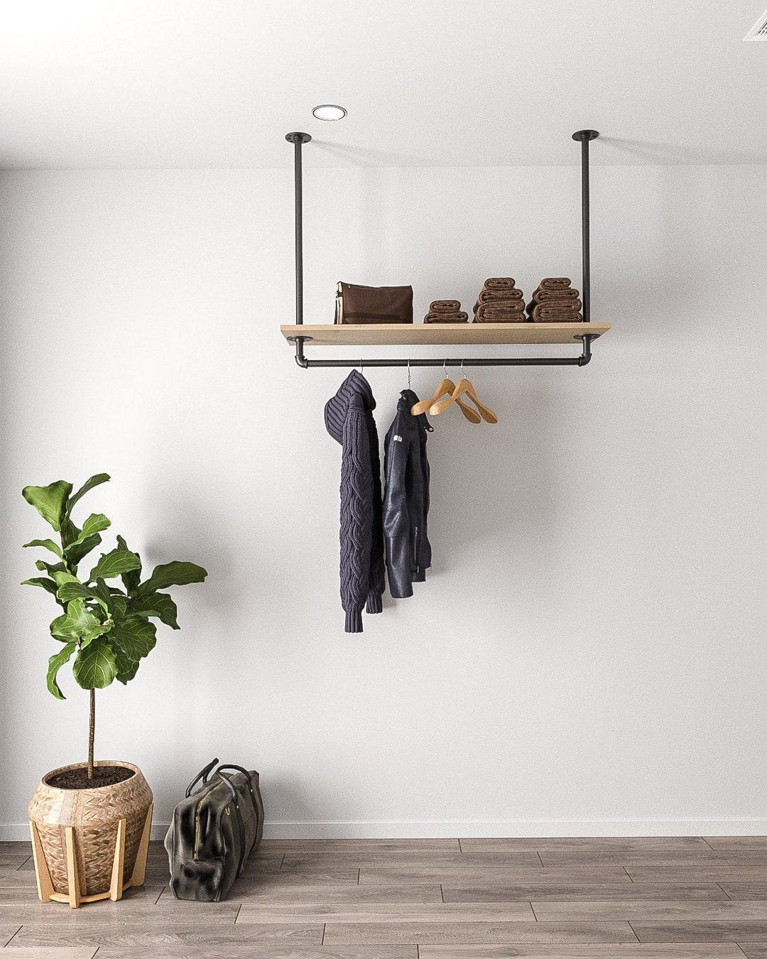 Ceiling Mounted Industrial Pipe Clothes Hanging Pole Rustic Iron ...