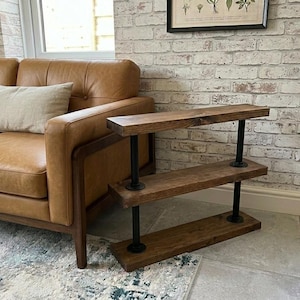 Industrial Pipe & Wood Side Table | Rustic Sofa End Table | Reclaimed Style 3 Tier Shelf | Handmade Living Room Storage | Solid Wood image 3