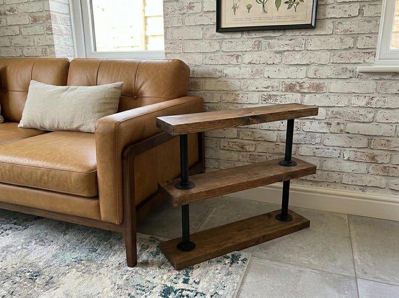 Industrial Pipe & Wood Side Table | Rustic Sofa End Table | Reclaimed Style 3 Tier Shelf | Handmade Living Room Storage | Solid Wood image 3