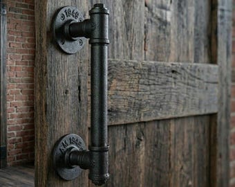 Pair Industrial Pipe Door Pull Handle, Grab Bar, Towel Bar, Antique Rustic Cast Iron Handrail  Hand made Custom Size Vintage look