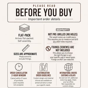 a list of instructions and information about a product, likely a flat-pack or custom-designed item. It includes details about the product's assembly, size, and order specifications, as well as instructions for ordering and delivery.