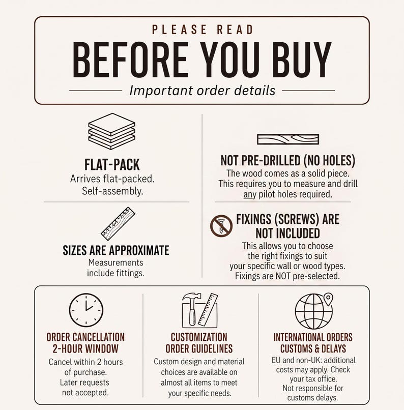 a list of instructions and information about a product, likely a flat-pack or custom-designed item. It includes details about the product's assembly, size, and order specifications, as well as instructions for ordering and delivery.