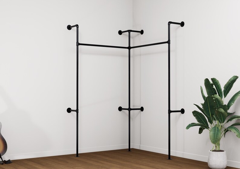 Hanging L Rack Black Corner L Shape Clothing Rack Pipe Wardrobe Organiser Hanging Rail ...