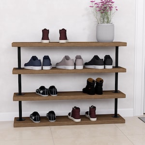 Industrial Pipe Shoe Rack - Tiered Shoe Organizer - Rustic Entryway Shoe Shelf - Heavy Duty Metal & Wood Shoe Storage for Home or Office