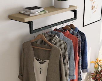 Wall Mounted Clothes Rack with Shelf: Industrial Metal & Wood Hanging Rail