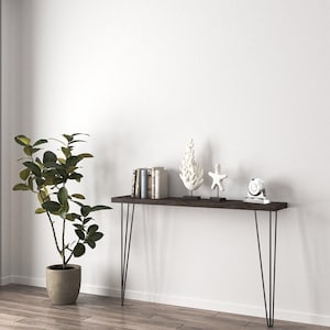 Peut inclure: Une console marron foncé avec des pieds en épingle noirs. La table est ornée de livres, d'une sculpture de corail blanc, d'une étoile de mer et d'une petite horloge. Une plante en pot est à gauche.