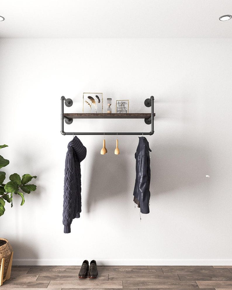 Barra de ropa de pared con estante, Estantería industrial, Perchero de tubo hecho a mano en el Reino Unido imagen 2