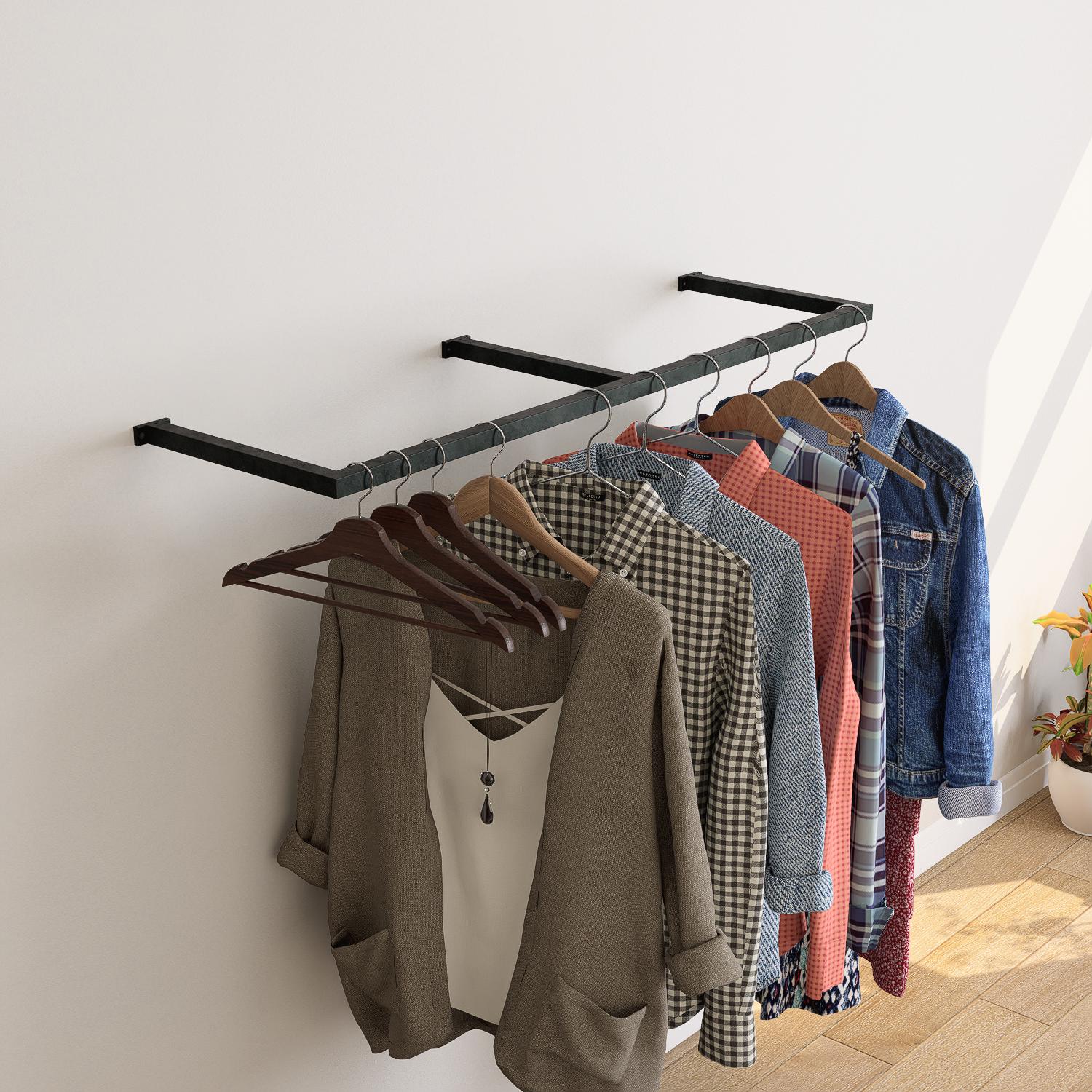 Wall-Mounted Square Tube Clothing Rack – Industrial Metal Garment Rail for Entryway, Bedroom, or Closet