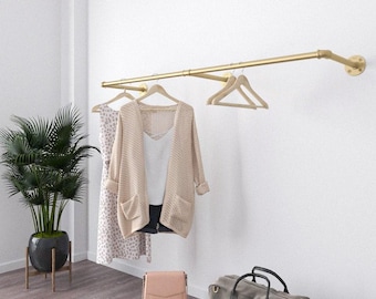 May include: A gold-colored metal clothing rack mounted on a white wall, holding a beige cardigan, a white top, and a patterned dress. A pink purse and a gray duffel bag sit on the wooden floor. A potted plant is in the corner.