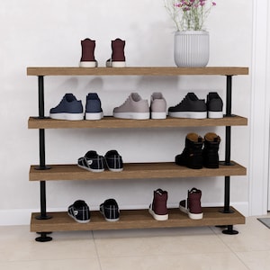 Rustic Tiered Shoe Rack with Wooden Shelves - 4-Leg Shoe Organizer - Entryway Shoe Storage - Industrial Farmhouse Shoe Shelf for Home