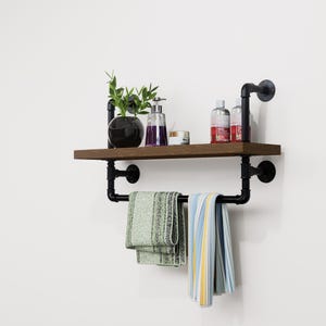 Industrial Pipe Wall Shelf with Towel Bar Rustic Wood Floating Shelf for Bathroom, Kitchen or Entryway Storage Farmhouse Decor