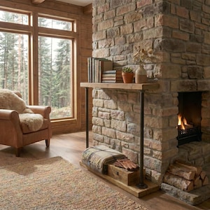 May include: A rustic living room with a stone fireplace, a wooden shelf with books and decor, and a leather armchair. A rug and a window with a forest view complete the scene. A fire burns in the fireplace.
