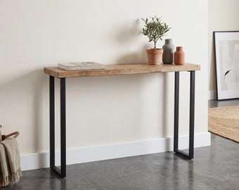 Table console étroite industrielle - Bois massif rustique, pieds en métal, meubles de couloir minimalistes