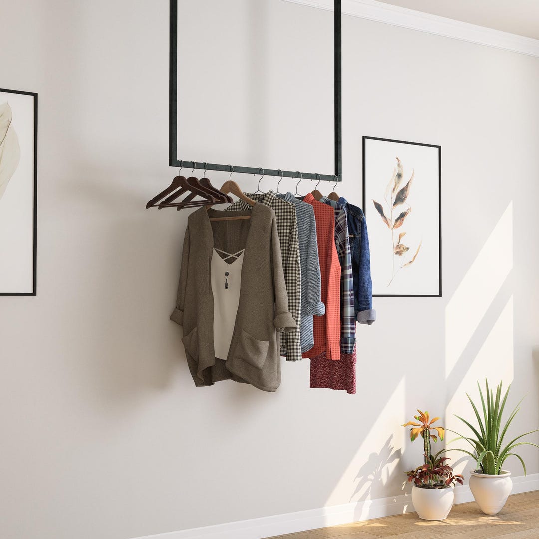Black Ceiling Clothes Rack: Minimalist Space-saving Clothing Rail - Etsy