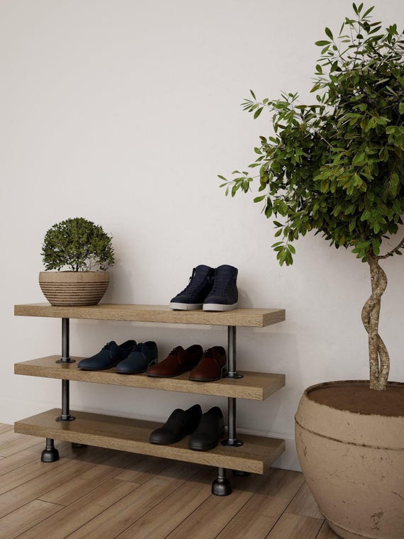 Industrial Wood Metal Shoe Rack Bench, Entryway Storage Organizer