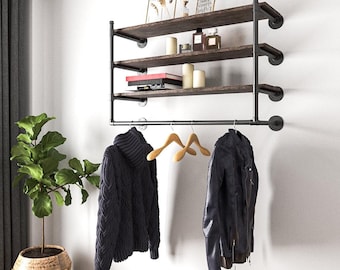 Clothes rack with shelves, Shelving unit with clothes rail, Industrial clothing rack, Shoe rack wood is not included